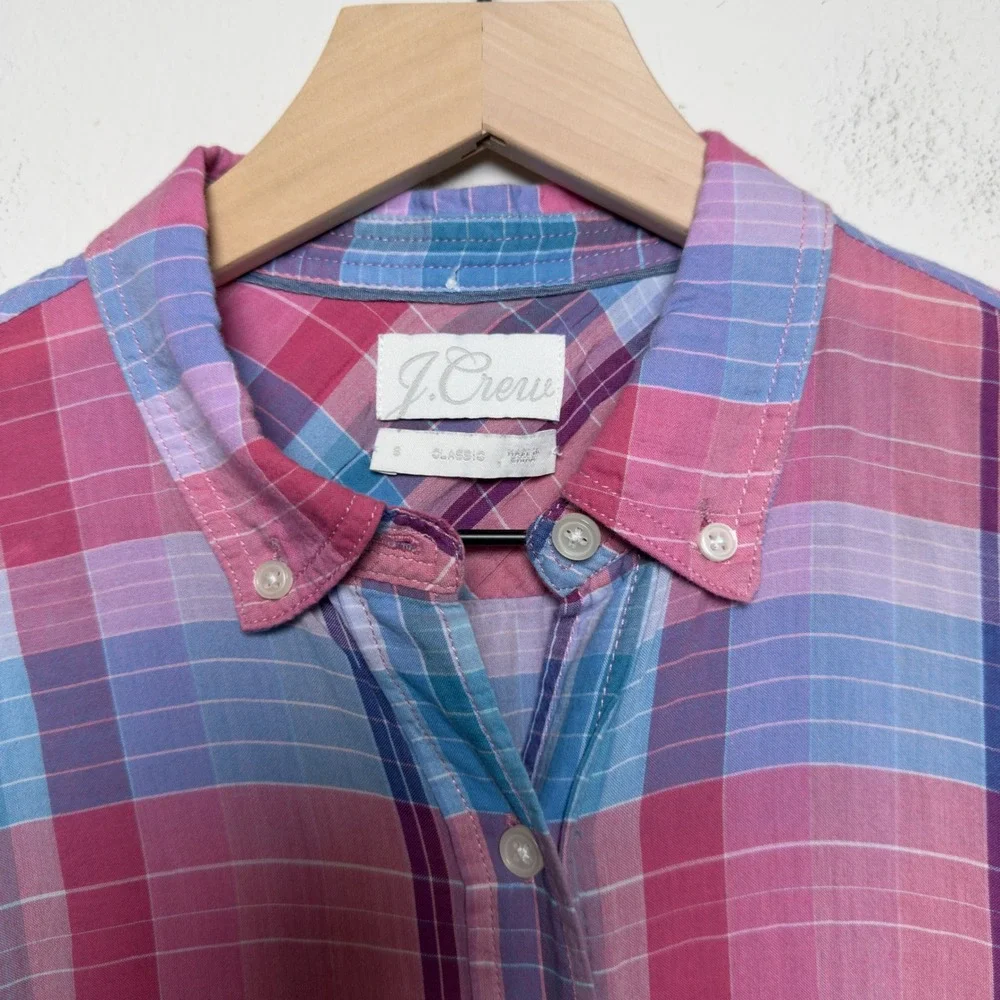 J. Crew Women Cotton Shirt S Pink Blue Plaid Popover‎ Button Down Preppy Picnic